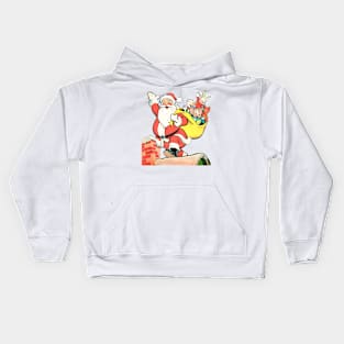 Santa Claus with his friends on the roof by the fireplace at Christmas Retro Vintage Comic Cartoon Kids Hoodie